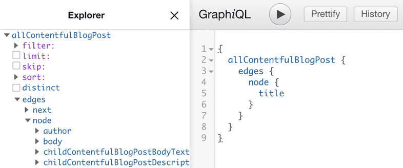 The GraphQL interface, with a sample query outlined below