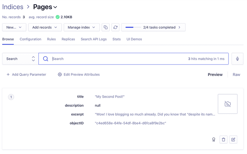 Algolia index displaying the indexed page